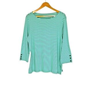 Appleseed's Green 3/4 Button Detail Sleeve Striped Bateau Size Large‎ NWT